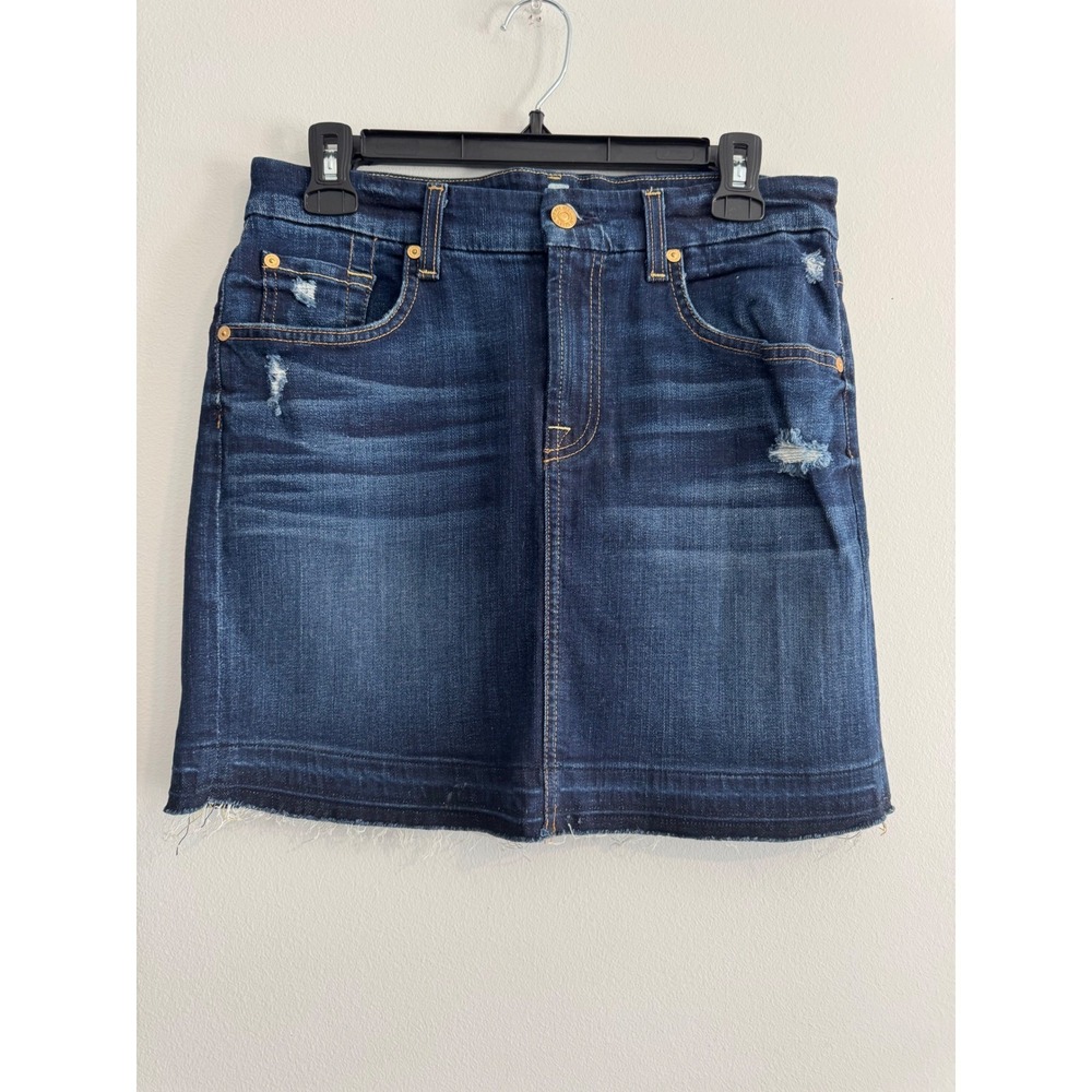7 For All Mankind Denim Mini Skirt Womens‎ 27 Dark Wash Distressed Raw Hem
